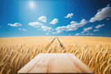 Wooden table for promotional products on a wheat field. Showcase against the backdrop of a landscape. Generative AI