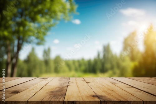 Wooden table for promotional products against the backdrop of a landscape. Showcase on the background of nature. Generative AI