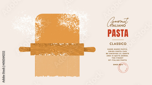 Pasta cooking. Rolling pin with pasta dough. Textured illustration. Italian food horizontal background. Vector illustration