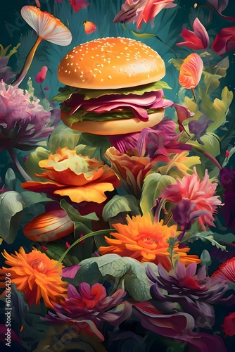 Illustration of a hamburger on the background of beautiful flowers.