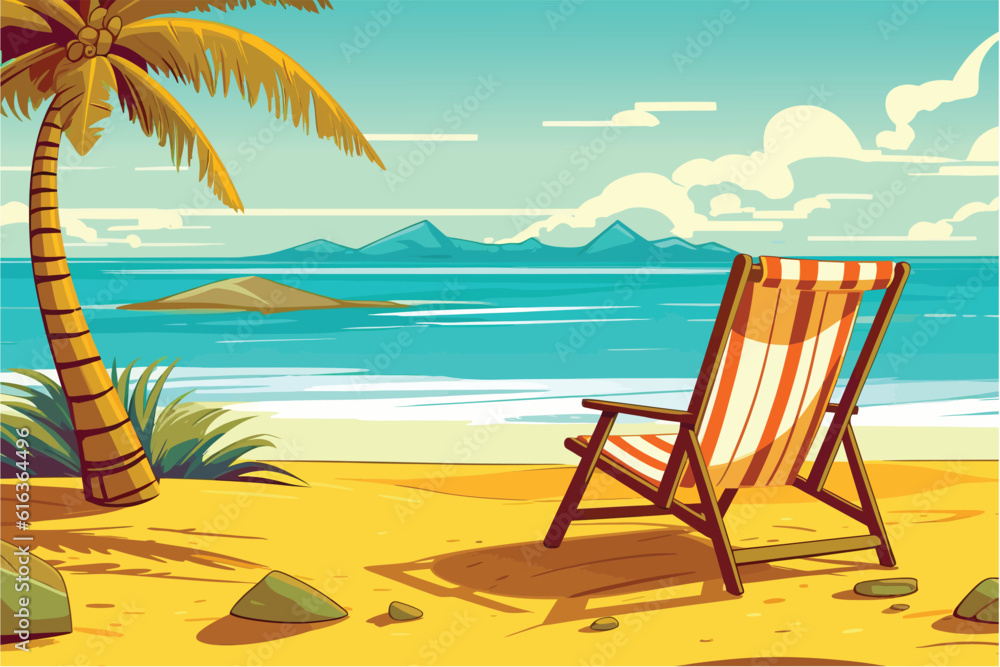 Vector flat landscape illustration of wild nature summer sunset on beach view with palm trees and chair