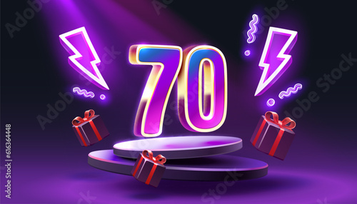 Mega sale special offer, Neon 70 off sale banner. Sign board promotion. Vector illustration