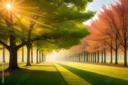 Beautiful bright autumn nature landscape wide format with golden yellow and and orange trees glows in sun on background of blue sky with white cirrus clouds, copy cpace