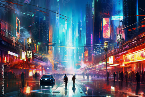 A futuristic cityscape with vibrant  glowing billboards illuminating the skyline  creating a mesmerizing display of lights and colors.