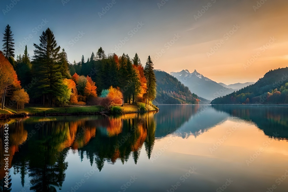 Beautiful bright autumn nature landscape wide format with golden yellow and and orange trees glows in sun on background of blue sky with white cirrus clouds, copy cpace