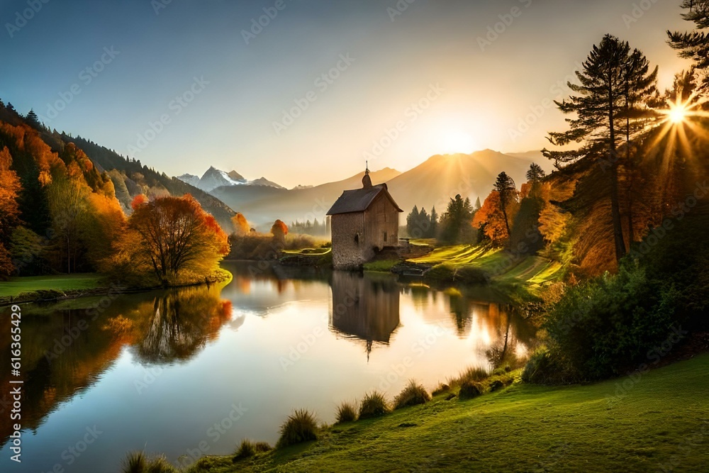 Lake Bled Slovenia. Beautiful mountain lake with small Pilgrimage Church.
