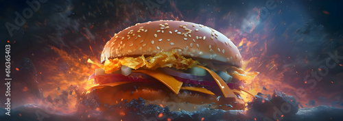 Tasty hamburger exposed on a fiery backdrop.