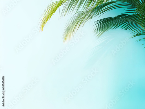 Blurred Shadow of Palm Leaves on Light Blue Wall for Minimal Abstract Product Presentation. Generative AI.