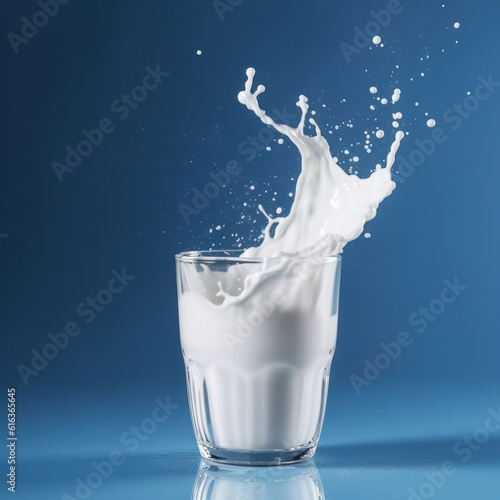 White milk splash on a blue surface with droplets  highlighting the purity and freshness is AI Generative.