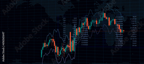 financial business, candlestick graph, financial investment, stock market chart on blue color monitor background, finanzmarkt, daytrading, bitcoin, amount and value numbers, growth line, world map 