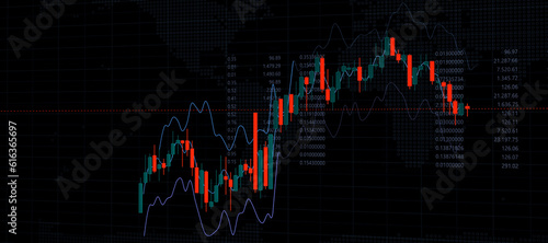 financial business, candlestick graph, financial investment, stock market chart on blue color monitor background, finanzmarkt, daytrading, bitcoin, amount and value numbers, growth line, world map 