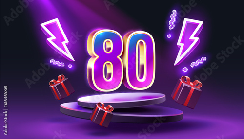Mega sale special offer, Neon 80 off sale banner. Sign board promotion. Vector illustration