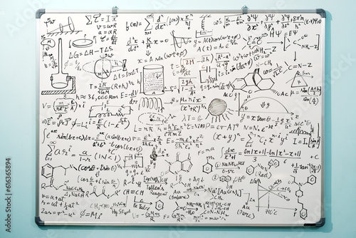A whiteboard with scientific equations and data.