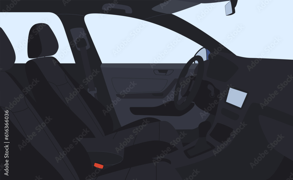 Interior of the car from the middle. Modern comfortable car interior with dashboard and driver seats. Vector illustration