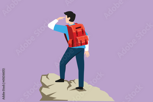 Character flat drawing back view of man with backpack, traveler, explorer standing on top of mountains or cliff, looking on valley. Discovery, exploration, hiking. Cartoon design vector illustration