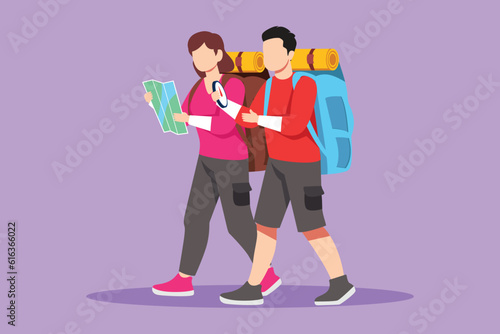 Cartoon flat style drawing couple hiking man woman with backpack and map is traveling in outdoor. Trekking, exploration, hiking tours. Tourism, adventures in nature. Graphic design vector illustration