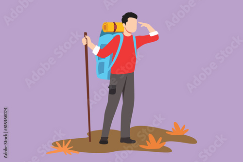 Graphic flat design drawing active man hiker at top of the mountain looking into distance. Adventure in mountainous terrain. Exploration, hiking, adventure, holiday. Cartoon style vector illustration