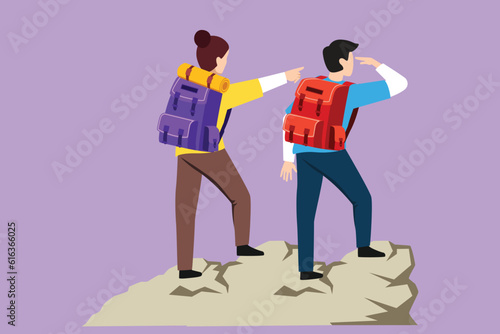 Cartoon flat style drawing back view romantic couple on mountain. Happy woman man climbers. Female hikers standing on rock look mountain landscape. Trekking outdoor. Graphic design vector illustration