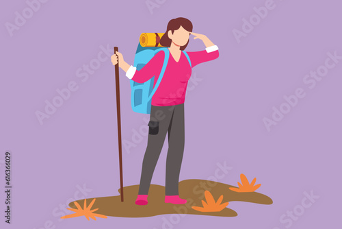 Character flat drawing beautiful woman hiker at top of mountain looking into distance. Adventure in mountainous terrain. Hiking, adventure tourism, travel, holiday. Cartoon design vector illustration