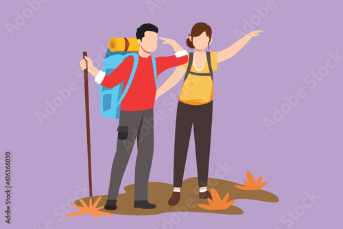 Cartoon flat style drawing couple man woman hiker at top of mountain looking into distance. Adventure in mountainous terrain. Exploration, hiking adventure, journey. Graphic design vector illustration