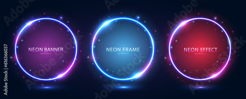 A set of round neon frames with shining effects and highlights on a dark blue background. Futuristic sci-fi modern neon glowing banners. Vector illustration.