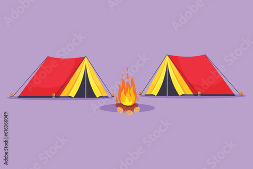 Graphic flat design drawing two tent with bonfire logo icon. Climbing, trekking, hiking, walking. sports, camping, outdoor recreation, adventures in nature, vacation. Cartoon style vector illustration