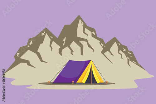Graphic flat design drawing summer camping day and sunset posters. Banners with mountains  trees  tent and campfire. Climbing  hiking  trekking sports  holiday logo. Cartoon style vector illustration