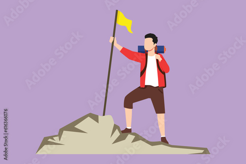 Graphic flat design drawing of young backpacker man traveler or explorer standing, holding flag, looking at nature. Hiking, backpacking, adventure tourism and travel. Cartoon style vector illustration