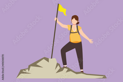 Cartoon flat style drawing beautiful woman climber standing on top of mountain with flag. Young smiling mountaineer climbing on rock. Adventure tourism trip symbol. Graphic design vector illustration