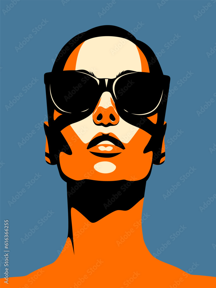 Young beautiful fashion woman with sunglasses looking up. Abstract female portrait, contemporary design, vector illustration