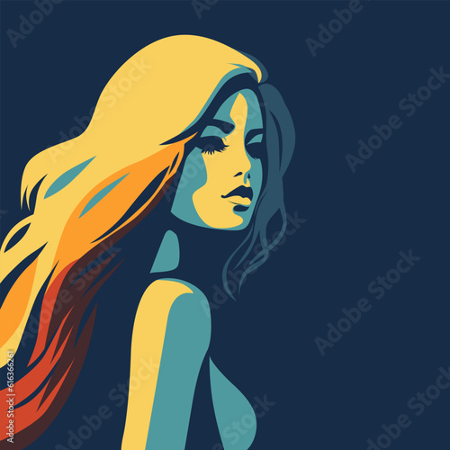 Young beautiful fashion woman with long hair. Abstract female portrait, contemporary design, vector illustration