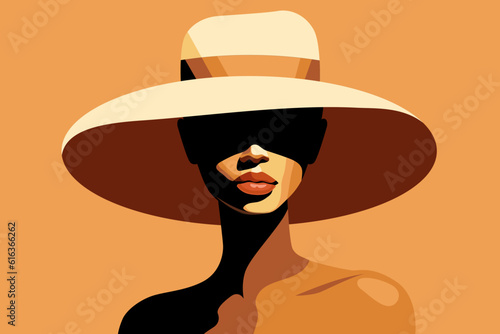 Beautiful african american woman with hat, fashion model, vector illustration