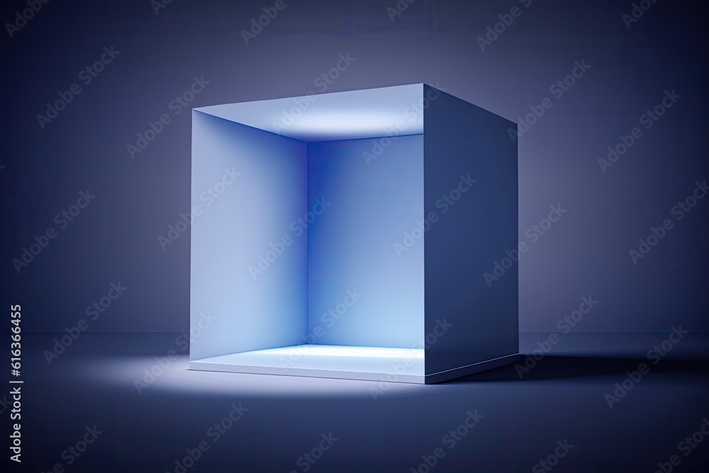 minimalistic white cube placed on a wooden table. Generative AI minimalistic white cube placed on a wooden table. Generative AI