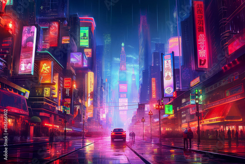 A futuristic cityscape with vibrant, glowing billboards illuminating the skyline, creating a mesmerizing display of lights and colors.