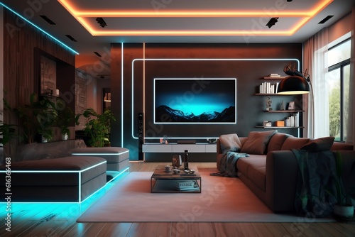 Contemporary Living Room Stylish Interior with Sofa and Television. AI