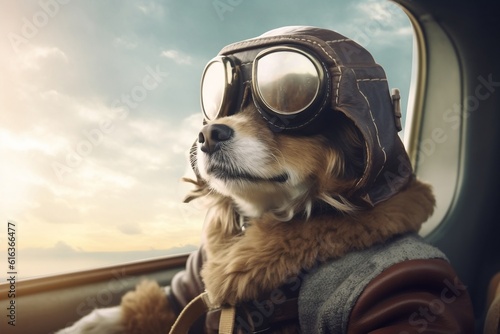 Aviator Pup Dog Pilot in Flight Jacket and Sunglasses with a View. AI