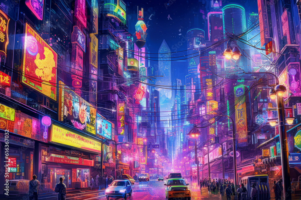 Fototapeta premium A futuristic cityscape with vibrant, glowing billboards illuminating the skyline, creating a mesmerizing display of lights and colors.