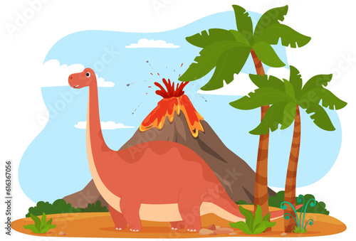 A dinosaur on an island with a volcano. Cartoon cute beautiful dinosaurs. Ancient cold-blooded lizards in children cartoon style. Vector illustration