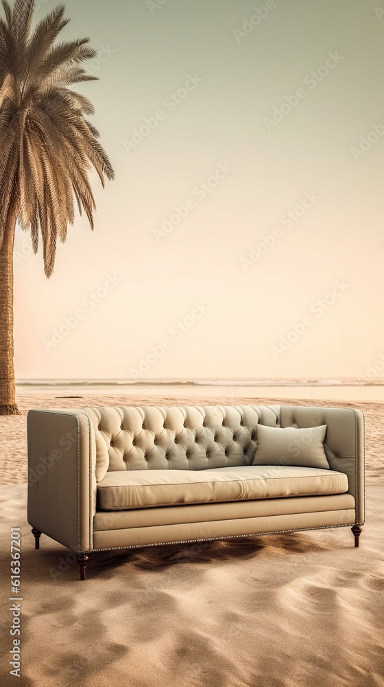 sofa on the beach near the ocean. the concept of rest. relaxation generative ai.
