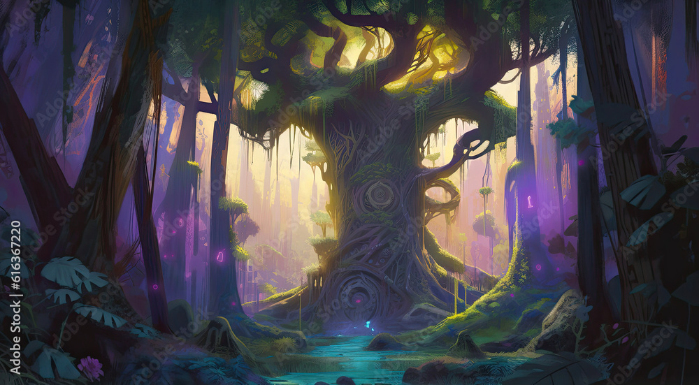 Generative AI illustration digital abstract impressionism painting of tidal wave and woodland colliding in nature