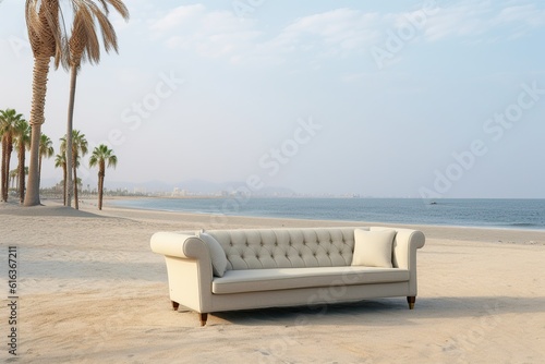 sofa on the beach near the ocean. the concept of rest. relaxation generative ai. © robertuzhbt89