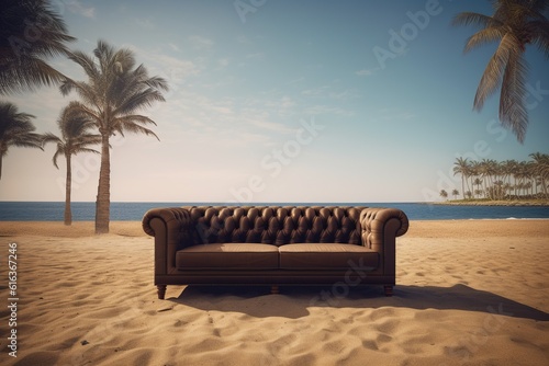 sofa on the beach near the ocean. the concept of rest. relaxation generative ai.