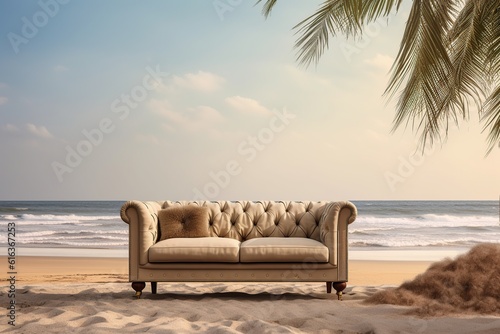 sofa on the beach near the ocean. the concept of rest. relaxation generative ai.