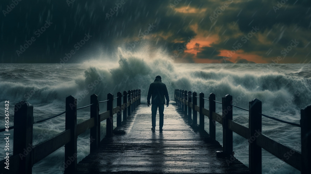 A Man Facing a Giant Wave. Mental Health Concept. Confronting the Surge