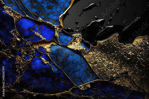 Generative AI illustration of black and blue marble effect background with thin threads and glitters of gold