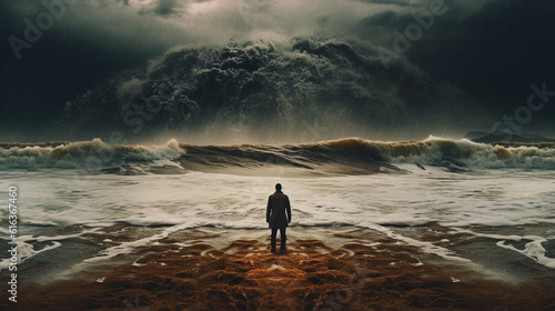 A Man Facing a Giant Wave. Mental Health Concept. Confronting the Surge photo
