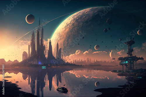 Generative AI illustration of futuristic sci-fi humanoid city on an alien planet with multiple moons and planets above abstract city landscape