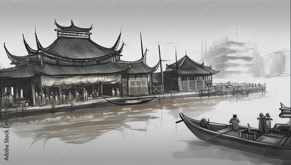 Generative AI illustration of Chinese Japanese Sumi-e style of Asian landscape peaceful Zen Buddhist image Generative AI illustration of Chinese Japanese Sumi-e style of Asian landscape peaceful Zen Buddhist image