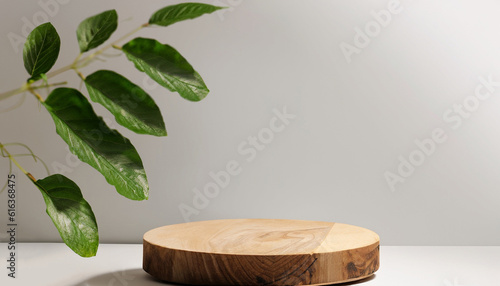 Natural round wooden stand for presentation and exhibitions on white background with shadow. Copy space.