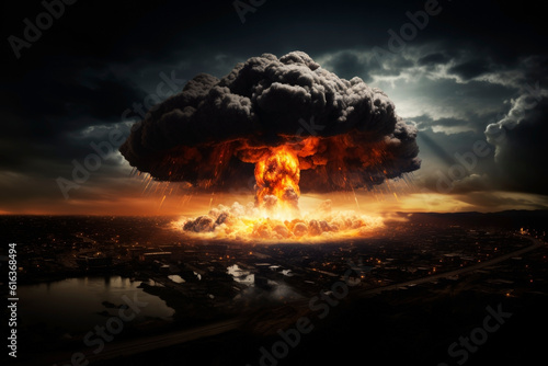 Nuclear explosion from afar, with nuclear mushroom. Generative AI